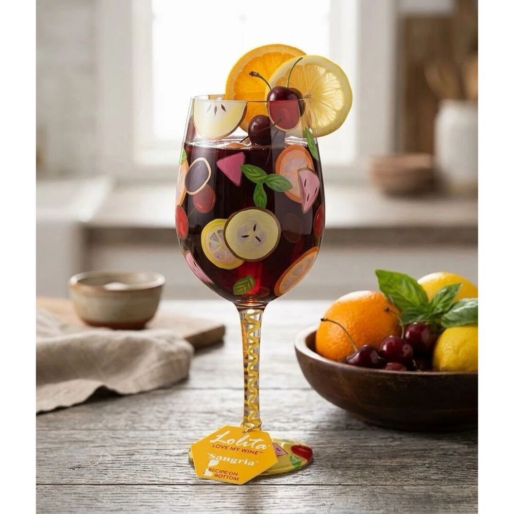 Lolita Love My Wine Sangria Wine Glass Hand Painted 15oz Recipe On Bottom New